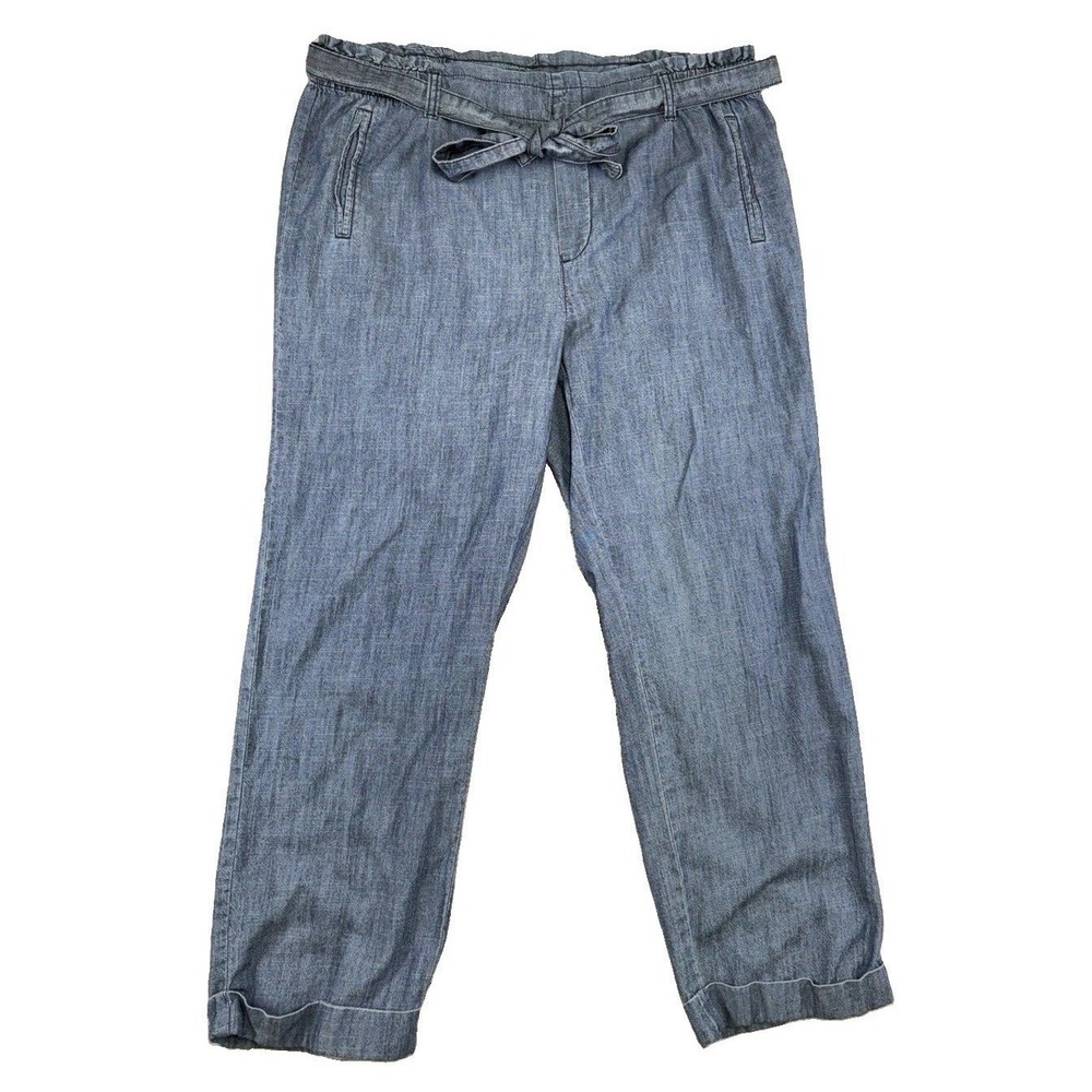 Caslon Blue Denim Chambray Cuffed Belted Straight Leg Pant Sz L Preppy Office